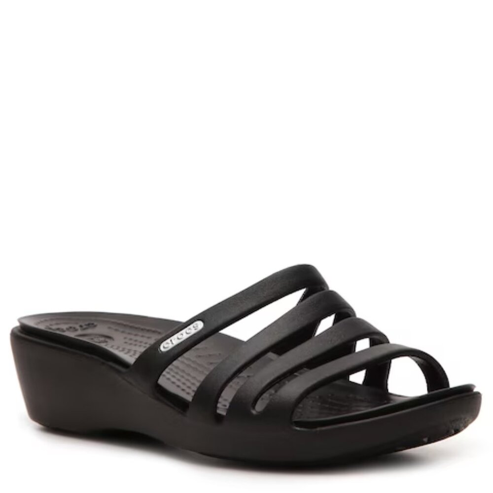 CROCS Women's Black RHONDA Multi Strap Wedge Sandals 9
